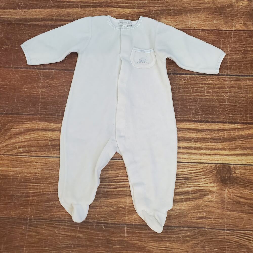 Magnolia Baby white velour stretchy w/blue trim sz 12m